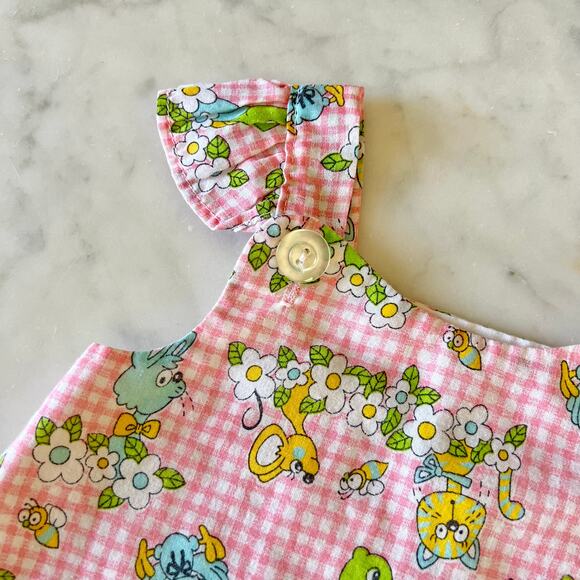 Vintage 70s Baby Girl Animal Gingham Floral Print Tank Top / 3 6 9 Months - Picture 4 of 8